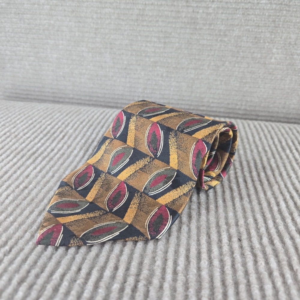 Picone Mens Brown Abstract Geometric Silk Necktie USA Made